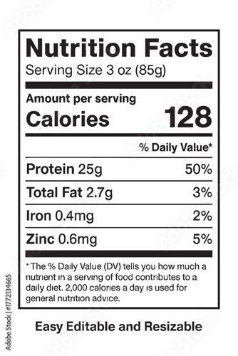 Nutrition facts label with calorie information vector illustration on transparent background