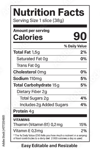 Close up of nutrition facts label for food item vector illustration on transparent background