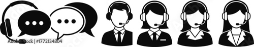 call center support, customer service team, headset icons, communication concept, black and white, business help, vector illustration, agent