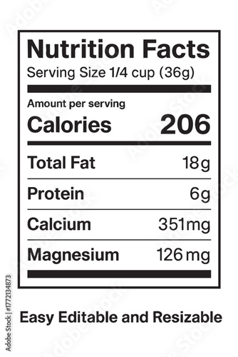Nutrition facts label with calorie information vector illustration on transparent background