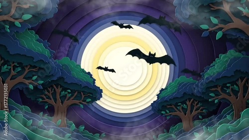 Bats Flying Over Forest with Full Moon and Misty Night Sky