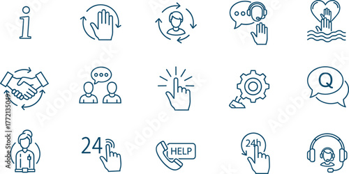 customer service icons, communication symbols, support tools, blue outline, help concept, QA, gear, headset, phone, business interaction