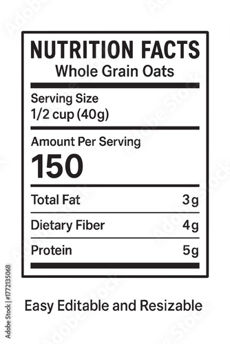Nutrition facts label for whole grain oats item vector illustration on transparent background