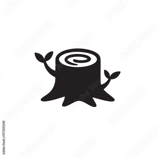 Simple black and white illustration of a tree stump with new growth