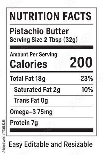 nutrition, facts, label, pistachio, butter, serving, size, tbsp, amount, calories, total, fat, saturated, trans, omega, protein, editable, resizable, food, diet, health, information, ingredients, gram