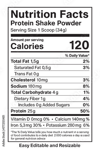 Nutrition facts label for protein shake powder vector illustration on transparent background