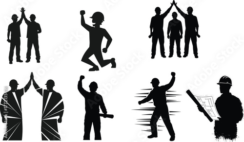 Construction teamwork success silhouettes, engineers celebrating project completion, workers giving high five, leadership motivation, collaboration concept, industrial teamwork illustrati