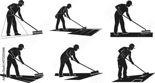 Construction worker installing glass panel, industrial glazing silhouette, window installation process, safety equipment at work, building maintenance concept, architectural design illustration