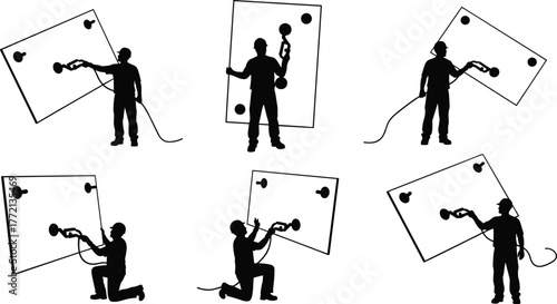 Construction worker installing glass panel, industrial glazing work silhouette, safety equipment concept, professional builder illustration, window installation process, architecture industry design