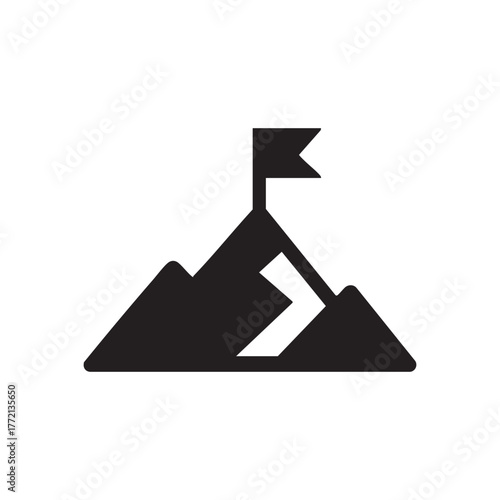A mountain peak with a flag and path simple black icon