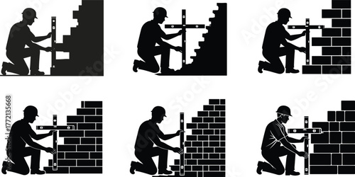 Construction worker silhouette building brick wall, masonry labor concept, skilled builder using level tool, construction site illustration, industrial work design