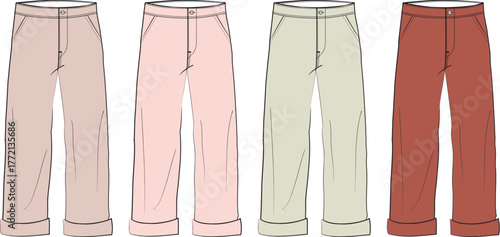 Set of colorful wide-leg cuffed trousers fashion flat technical sketch vector illustration template