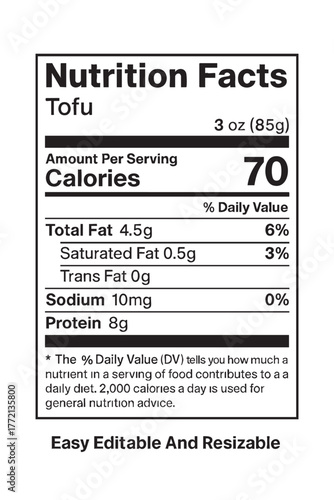 Nutrition facts label for tofu information vector illustration on transparent background