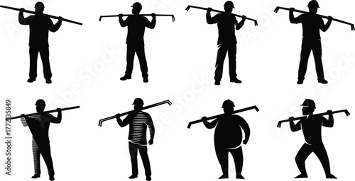 Construction workers carrying metal pipes on shoulders, industrial silhouettes, teamwork in building site, manual labor, safety gear, engineering workforce, construction industry