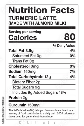 Nutrition facts label for turmeric latte drink vector illustration on transparent background