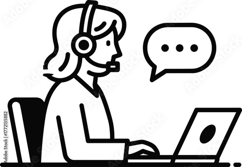 customer support agent, headset communication, online help desk, black and white, remote work, laptop user, vector illustration, service