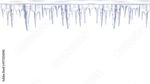 The cold white snow and blue frozen icicle at the roof top for decoration of winter design