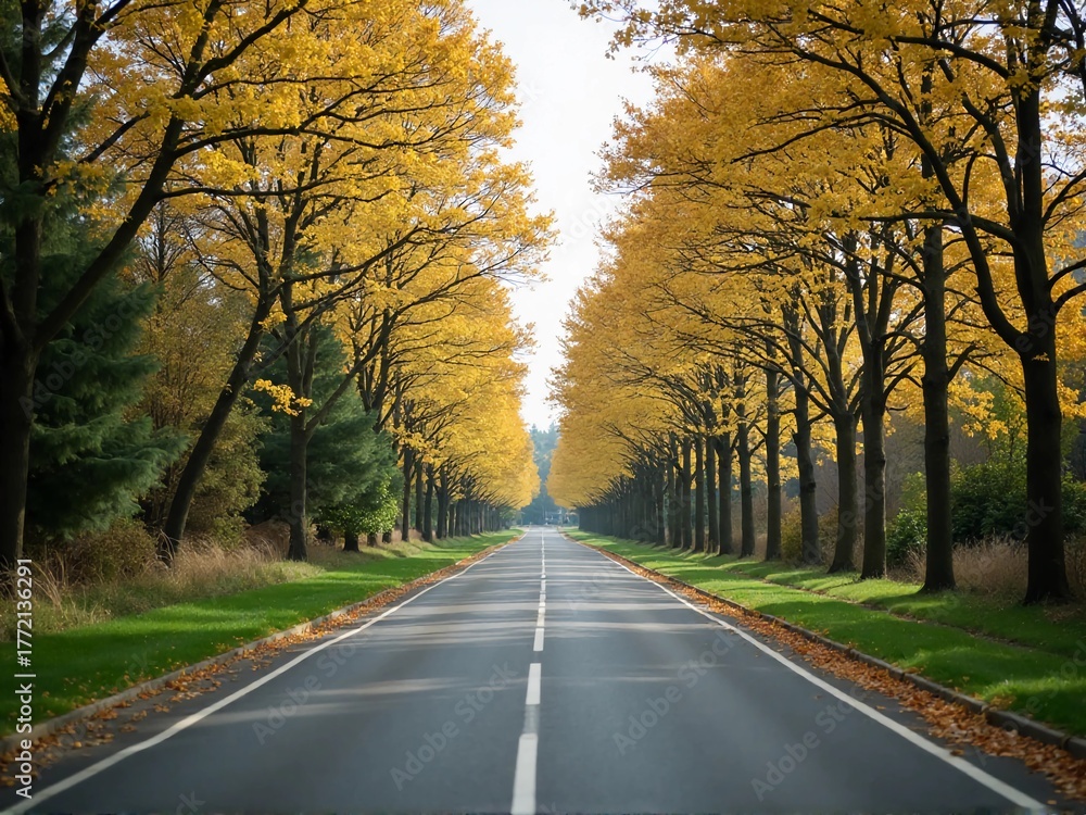 Naklejka premium A long, straight asphalt road vanishes into the distance, lined with vibrant yellow autumn trees.