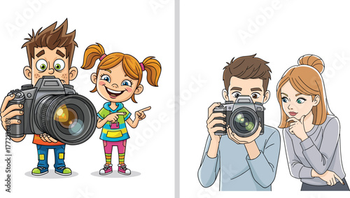 People learning photography with camera, kids and adults taking photos together, photo shoot education, creative photography lesson, DSLR camera illustration