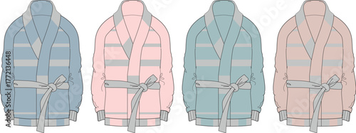 Set of cozy striped bathrobe illustrations in pastel colors. Vector technical flat sketch for sleepwear and lounge apparel design