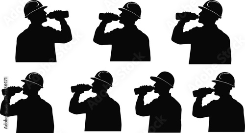 Silhouette construction workers drinking water, safety hydration break, industrial labor rest, heat protection, workplace wellness, hard hat worker refreshment concept