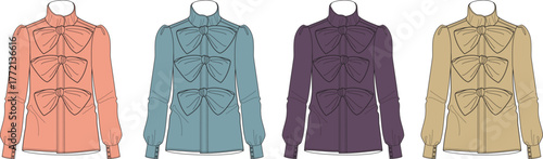 Fashion technical flat sketch of a romantic women's blouse with multiple front bows and long sleeves, presented in a set of four colorways for apparel design