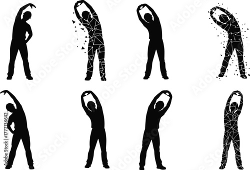 Silhouette person stretching arms exercise, fitness warm up routine, body flexibility training, healthy lifestyle, workout preparation, physical wellness activity illustration