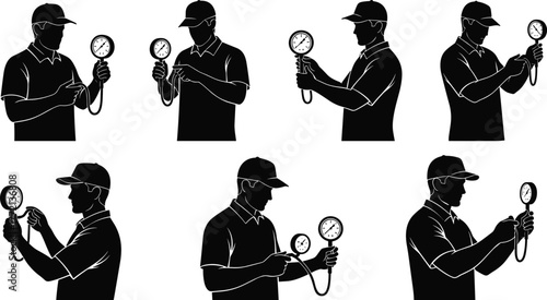 Technician checking pressure gauge, industrial worker measuring air pressure, mechanic testing equipment, silhouette engiprofessional manometer inspection scene illustration