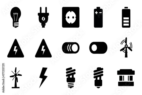 Diverse electricity and energy icons power innovation and sustainability for modern design projects.