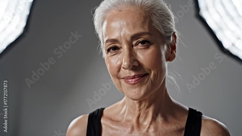 Senior woman portrait with gray hair and tank top studio lighting looking away copy space advertisement