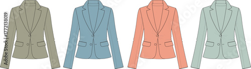 Collection of versatile women's tailored blazers in a range of muted and pastel colors, perfect for business attire or smart casual fashion, showcasing timeless design