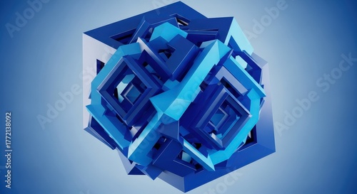 Abstract Geometric Structure with Blue Interlocking Cubes and Squares