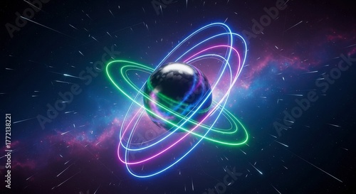 Abstract Cosmic Phenomenon with Glowing Orbital Rings and Nebula Background