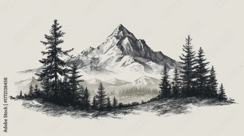 Obraz premium Black and White Mountain Landscape Drawing with Trees in Natural Scene