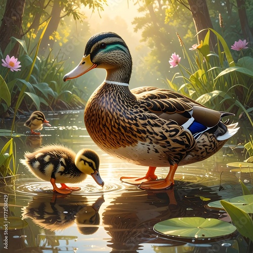 A duck and ducklings in a pond, bathed in warm sunlight