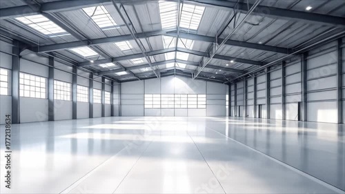 Wallpaper Mural Light-filled, empty industrial space with a glossy floor and exposed metal rafters Torontodigital.ca