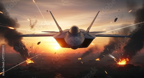 F-22 Raptor stealth fighter jet flying over a war-torn landscape at sunset, with explosions and smoke billowing from below.