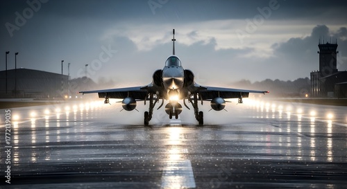 Mirage 2000 Fighter Jet on a Wet Runway at Night with Bright Headlights, Ready for Action