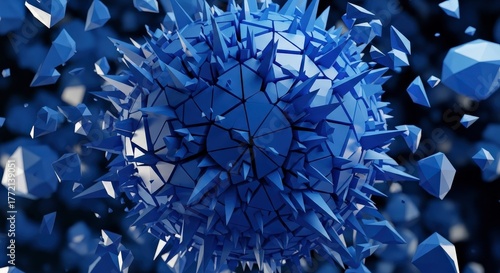 Abstract Blue Geometric Sphere Shattering into Fragments