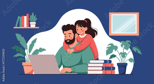 Loving daughter hugs her father while he works on a laptop at home, illustrating the blended reality of family and remote work.