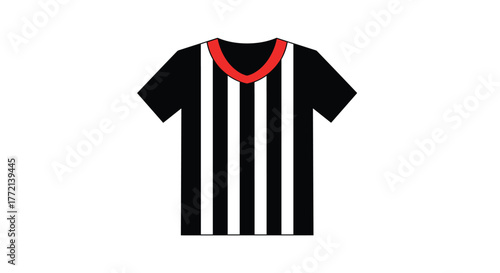 A graphic illustration of a referee's uniform shirt with black and white vertical stripes and a red V-neck collar, depicted on a plain white background.