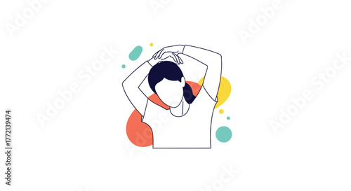 Minimalist line art illustration of a person stretching their arms overhead, featuring a faceless design and abstract colorful shapes.