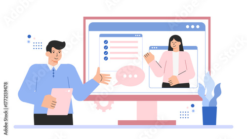 Business Video Conference and Online Collaboration Flat Vector Illustration