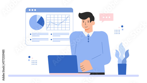 Freelance Business Professional Working from Laptop Flat Vector Illustration