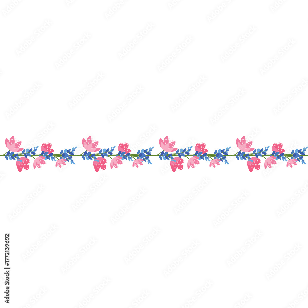 Fototapeta premium Delicate Row Of Pink And Blue Flowers And Green Leaves On A Transparent Background