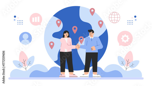 Global Business Network and International Trade Flat Vector Illustration