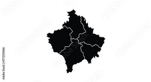 Detailed political map of Kosovo, showcasing its administrative districts in a silhouette style, isolated on a white background.