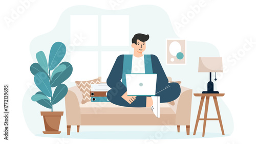 Flat Design Remote Work and Home Office Concept Flat Vector Illustration