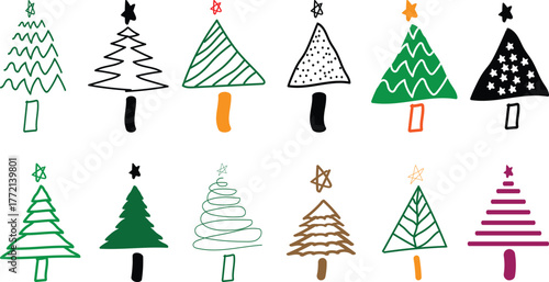Hand Drawn Christmas Tree Set Vector Illustration. Collection of decorated Christmas trees for holiday celebration. 