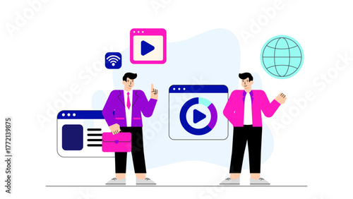 Business Video Conference and Online Collaboration Flat Vector Illustration